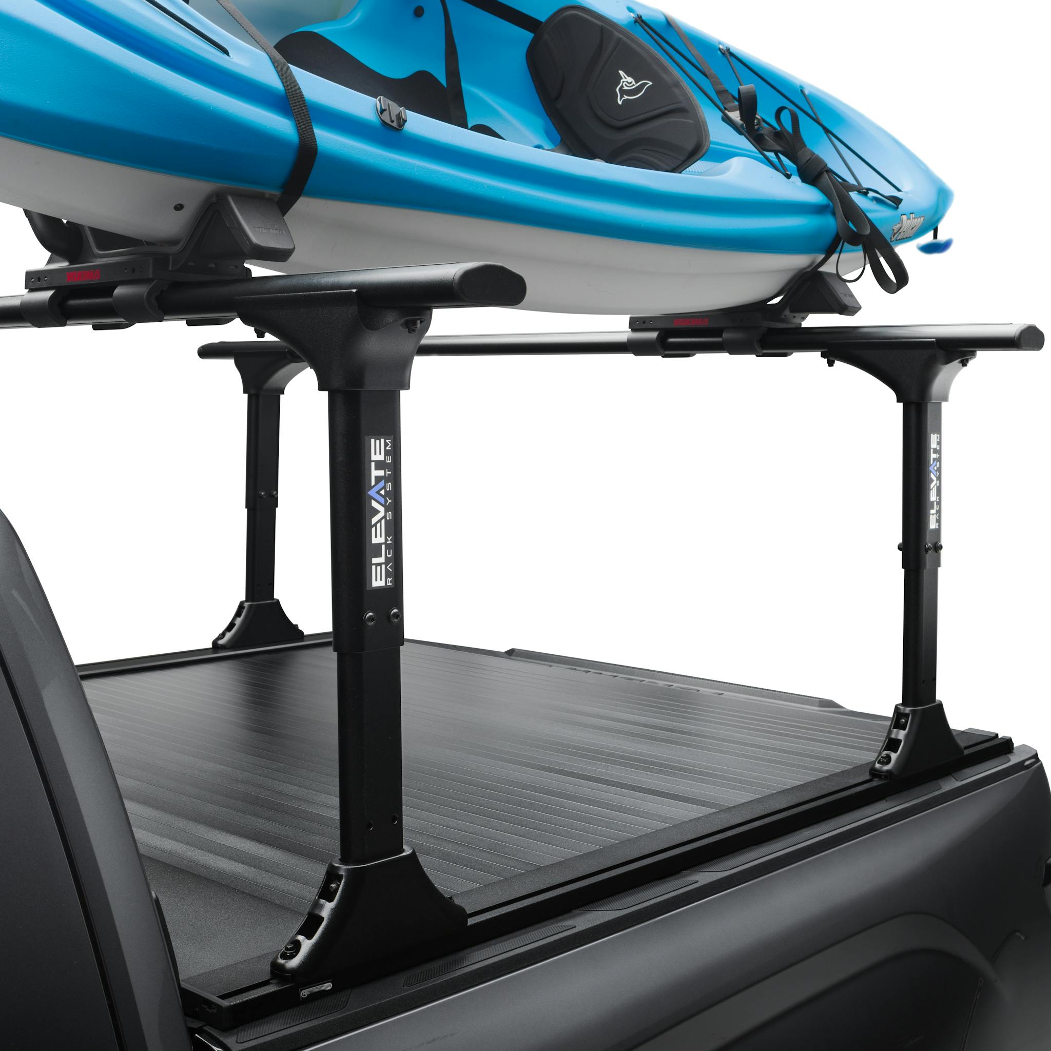 RetraxOne XR Tonneau Cover and TruXedo Elevate Truck Rack Side View Close Up with Kayak