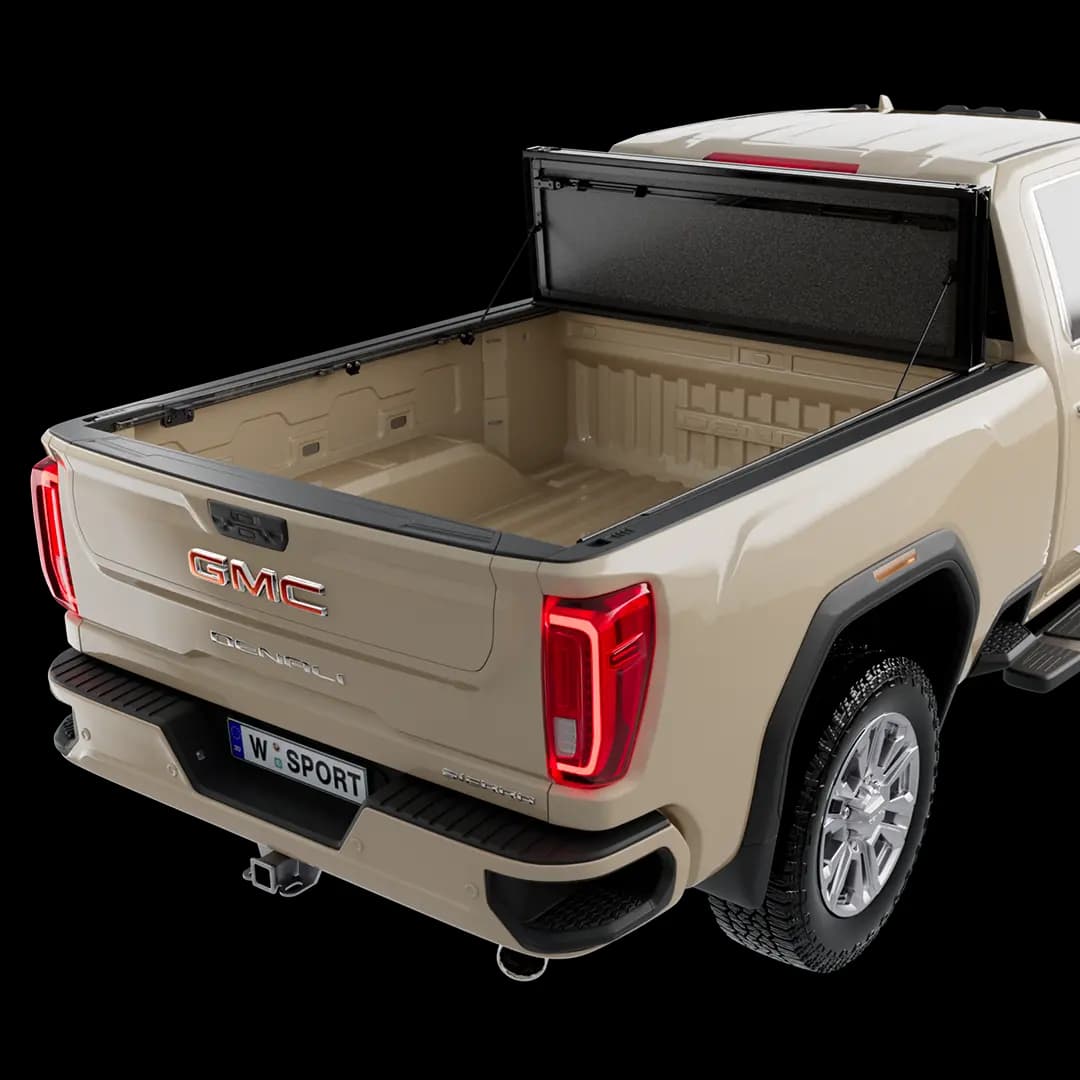 Worksport AL4 Flip-up trifold hard tonneau cover all panels open