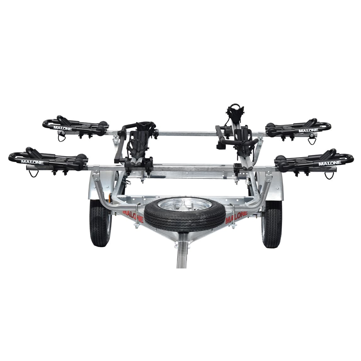 Malone MicroSport 2 Kayak/2 Bike Trailer, Spare Tire, 2 FoldAway-J Carriers, 2 Bike Racks 3