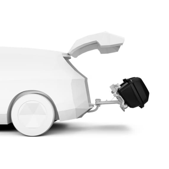 Thule Santu Cargo Hitch Carrier tilted down and installed on back of gray SUV on white back drop